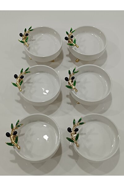 PARILTI HOME COLLECTİON طبق بسكويت بورسلين مكون من 6 قطع مع تفاصيل زيتون أبيض وطبق عرض الإفطار 13.5 سم