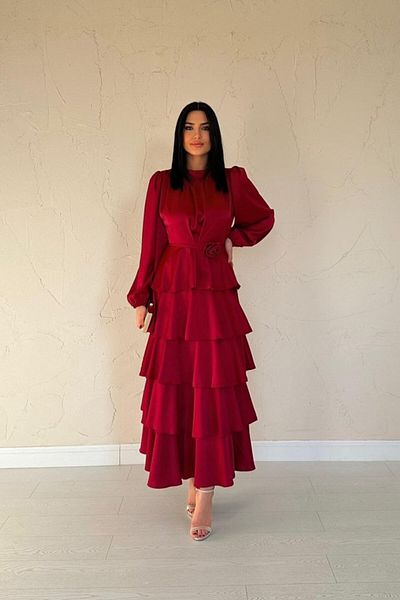 modaserdem Burgundy Satin Gathered Layered Dress