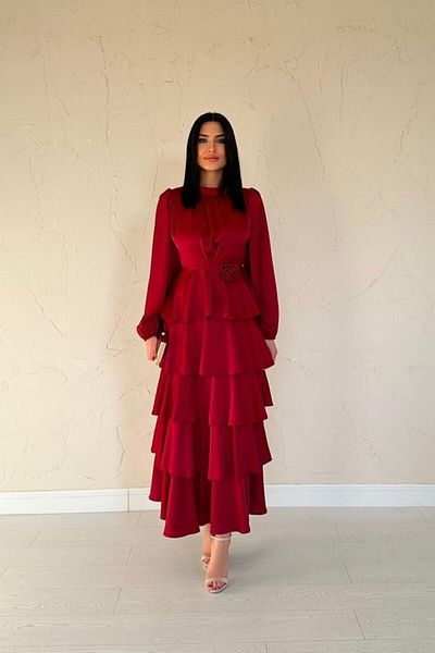 modaserdem Burgundy Satin Gathered Layered Dress