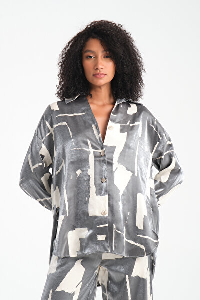 efstyle Satin Patterned Shirt and Pants Suit with Elastic Waist