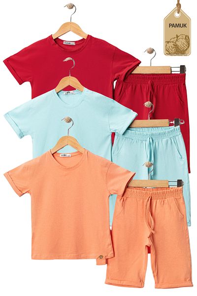 MK Mukko Kids Girl Boy's 3-Piece Set with Wooden Buttons Design Basic Summer Bottom Top Set (Red Beige Mint)