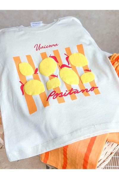 KidsSel New Season Girl's Cotton Ecru Lemon Unicorn Positano Printed Striped Trousers