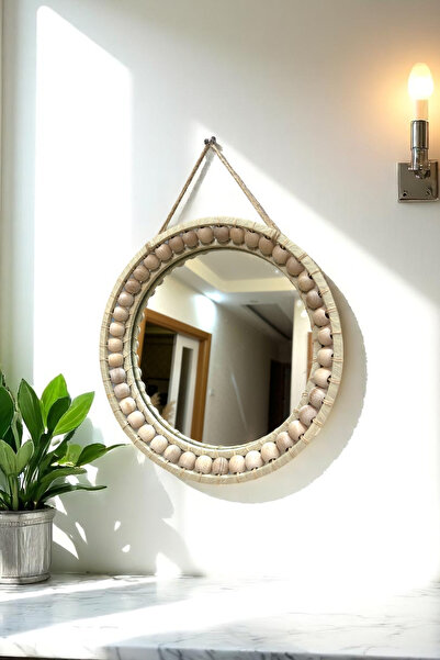 DEKOLOBİ Dekoratif Ayna/ Ahşap El yapımı Bohem Yuvarlak Ayna 30 cm