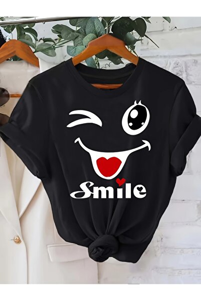 Massgai Tricou oversize unisex Smile Wink imprimat 100% bumbac