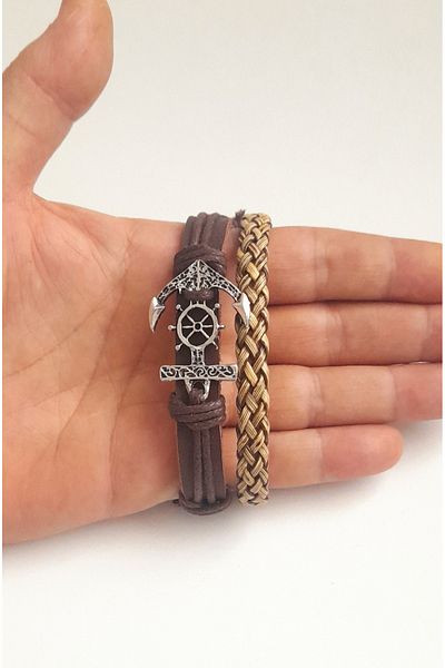 BSN Store Anchor Figure 2-Piece Fashion Khaki Leather Bracelet Accessory