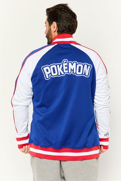 DIFUZED Pokemon x Difuzed Men Band Collar Embroidered Bomber Jacket, Blue