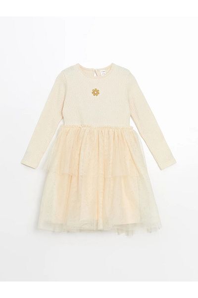 LC Waikiki Lcw Kids Beige Crew Neck Floral Girls' Dress