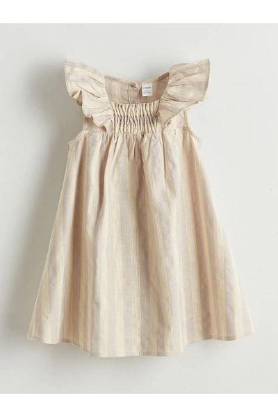 LC Waikiki Lcw Kids Beige Square Collar Girls Linen Dress
