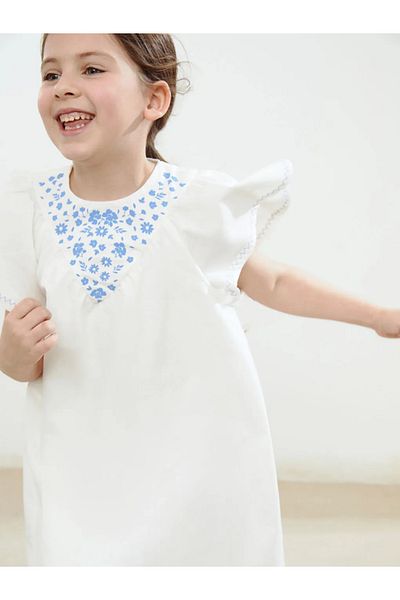 LC Waikiki Lcw Kids Ecru Crew Neck Floral Linen Girls' Dress