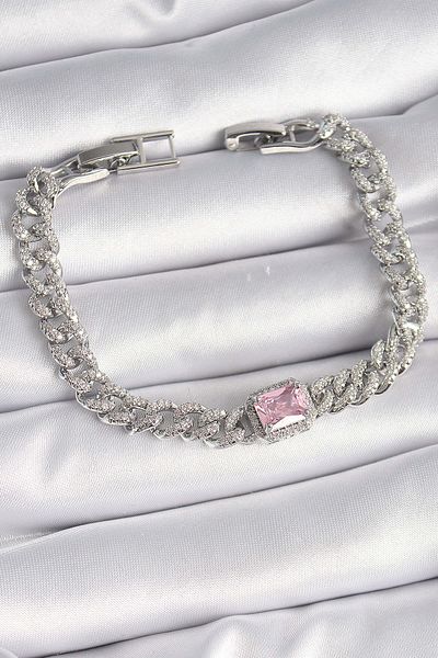 Avantaj Kapıda ®   Brass Silver Color Pink Square Zircon Stone Vip Series Women's Bracelet