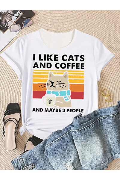 Massgai Tricou oversize unisex I Like Cats And Coffee imprimat 100% bumbac