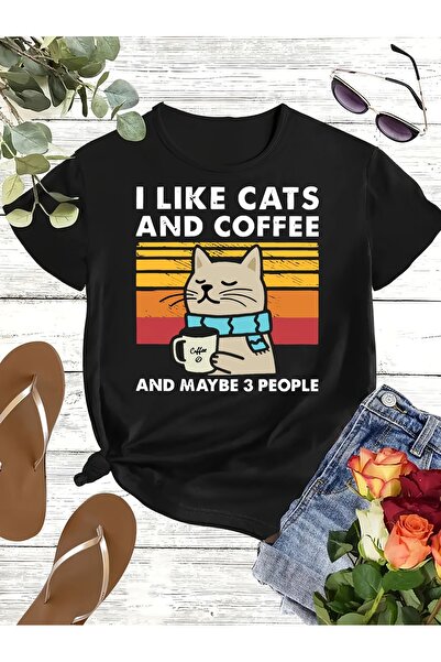 Massgai Unisex I Like Cats And Coffee Printed Oversize 100% βαμβακερό μπλουζάκι