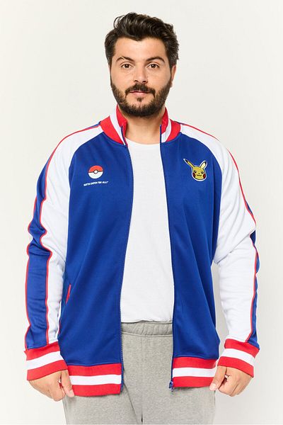 DIFUZED Pokemon x Difuzed Men Band Collar Embroidered Bomber Jacket, Blue
