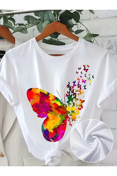 Massgai Unisex Butterflies Butterfly Printed Oversize 100% βαμβακερό μπλουζάκι