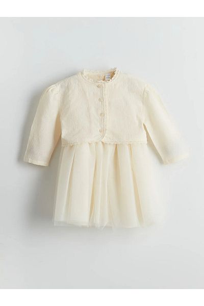 LC Waikiki Lcw Kids Ecru Crew Neck Girls Dobby Dress