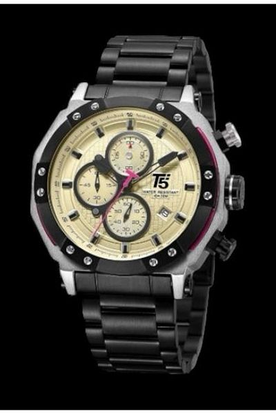 T5 Saat Men's Sports Watch – Cream Dial, Black Metal Band, Functional Chronograph Design