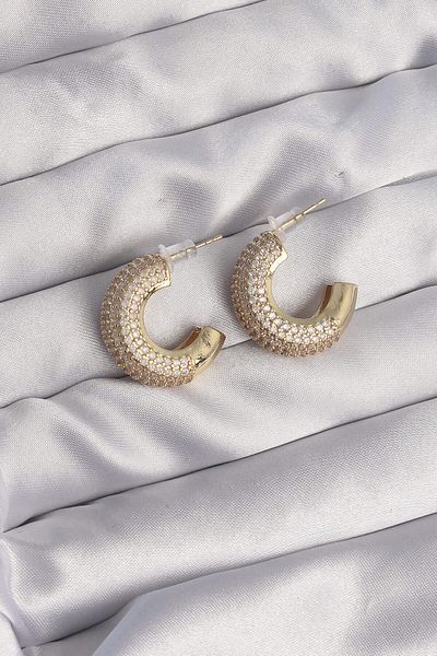 Avantaj Kapıda Brass Gold Color Zircon Stone Half Hoop Earrings