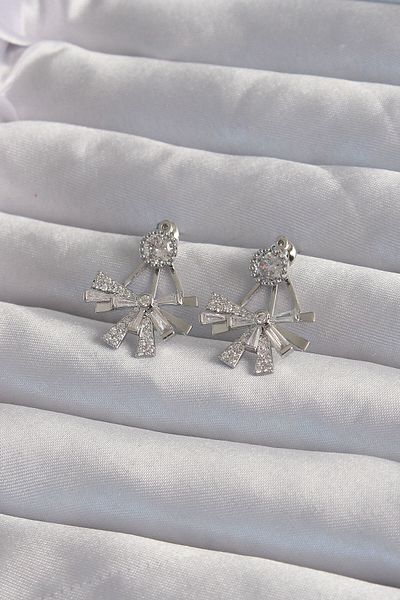 Avantaj Kapıda ®   Brass Silver Color Zircon Stone Flat Bow Model Earrings