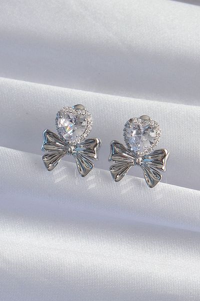 Avantaj Kapıda ®   Brass Silver Color Zircon Stone Heart Model Bow Earrings