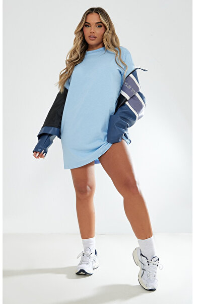 Glowery Kadın 1. Kalite %100 Pamuk Bisiklet Yaka Oversize Uzun Mavi Renk Nefe...