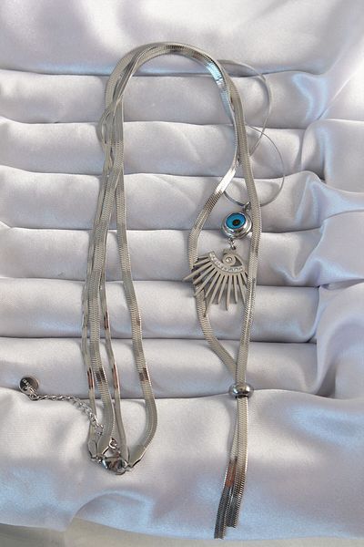 Avantaj Kapıda ®   316L Steel Silver Color Zircon Stone Eye Detail Evil Eye Long Elevator Model Necklace