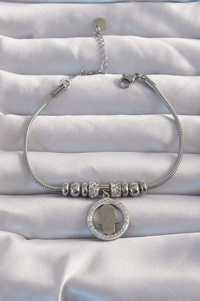 Avantaj Kapıda ®   316L Steel Silver Color Zircon Stone Accessory Fatma Ana Hand Bracelet