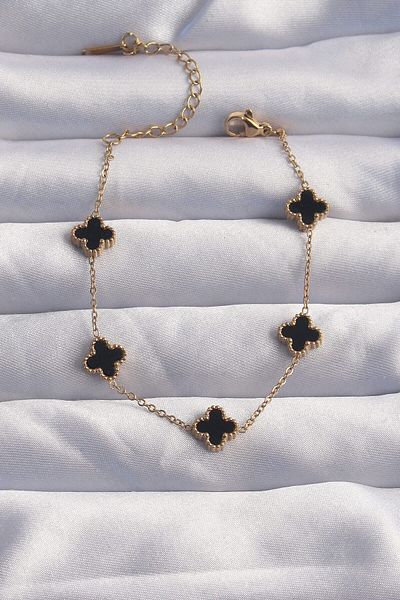 Avantaj Kapıda ®   316L Steel Baby Boy Gold Color Black Enamel Clover Bracelet