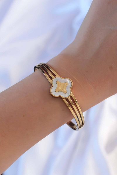 Avantaj Kapıda 316L Steel Gold Color Embroidered Pearlescent Clover Handcuffs