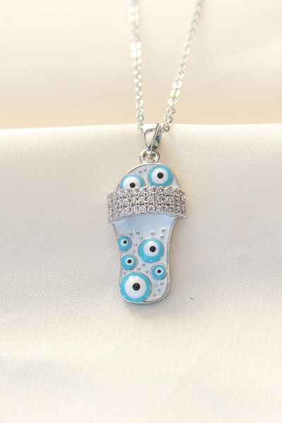 Avantaj Kapıda ®   316L Chain Steel Zircon Stone Silver Color Evil Eye Beaded Slipper Necklace