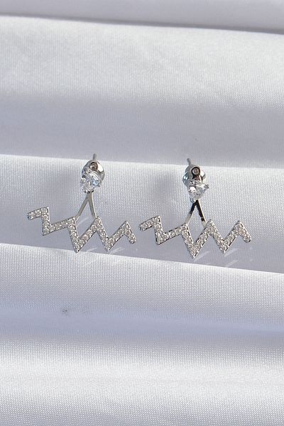 Avantaj Kapıda ®   Brass Silver Color Zircon Stone Zigzag Earrings