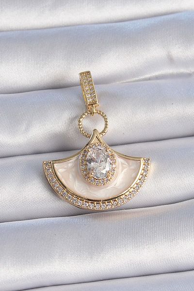 Avantaj Kapıda ®   Brass Gold Color Zircon Stone Detailed White Enamel Ajda Charm
