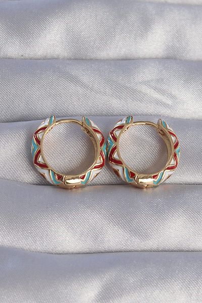 Avantaj Kapıda ®   Brass Gold Color Blue Ethnic Patterned Hoop Earrings
