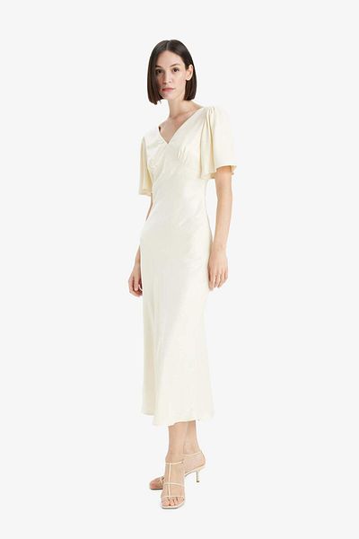 DeFacto V Neck Satin Short Sleeve Midi Dress F6036Ax25Sm