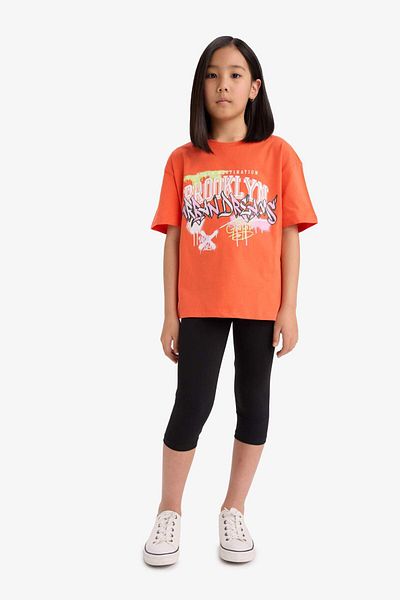 DeFacto Girls Oversize Wide Fit Printed Crew Neck Short Sleeve T-Shirt E0386A825Sm