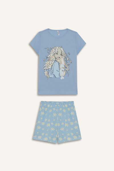 DeFacto Set pijamale pentru fete, cu mâneci scurte imprimate, pantaloni scurți cu talie elastică E0664A825HS