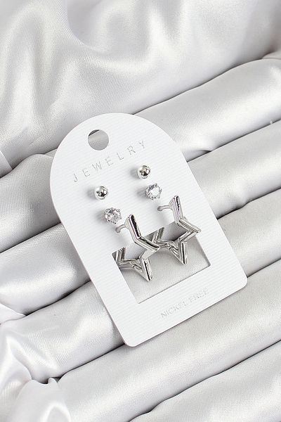 Skygo Silver Color 3-Piece Double Women's Earring Set with Brass Zircon Stone and Star Figure - Tj-Bkp10647