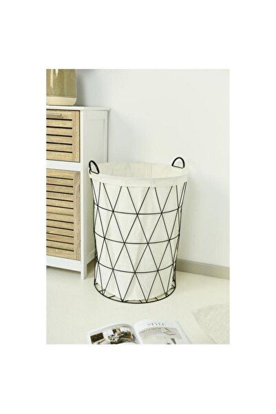Generic HONEY BEE Round Shaped Open Top Iron Laundry Hamper with Handle White and Black SSB0549A-C