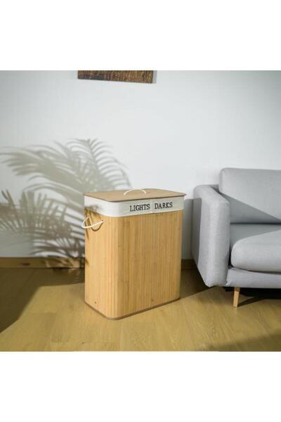 Generic HONEY BEE Dual Section Durable Bamboo Laundry Hamper with Lid Natural and White 2372