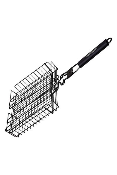 Generic سلة شواء مستطيلة من الفولاذ من جريل مارك بمقبض قابل للفصل، لون أسود، 24 × 30 سم