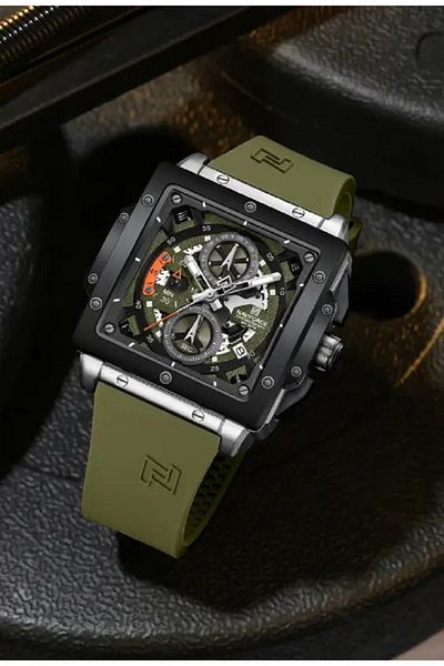 Naviforce Men's Wristwatch - Silver & Green Detailed Chronograph Dial, Green Silicone Strap | Analog Elegance