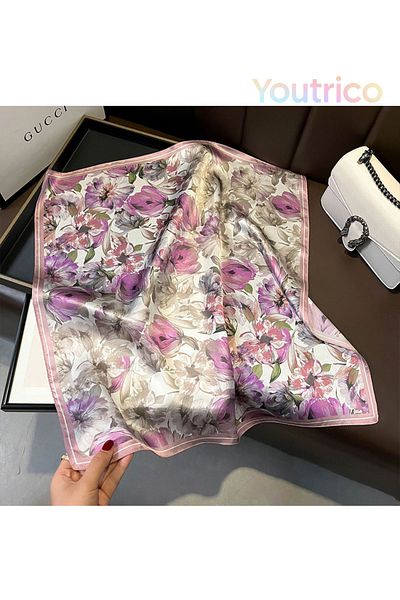 Youtrico 100% Mulberry Silk,patterned Scarf,pretty Floral,purple Blooms,gift,53*53cm