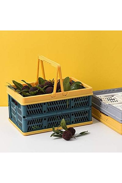Weikaximu Shopping Basket, Foldable, Plastic, Dark Blue/yellow, 20 X 30.5 X 27 Cm