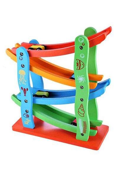 HALAMODO Colourful Wooden Track Race Set Miniature Car With Sliding Track Racer For Kids
