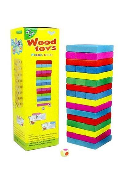 HALAMODO 48-Piece Wooden Coloured Tumbling Tower Toys With Dices 10x10x10cm