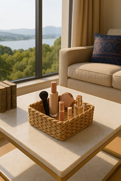 Veliday Küçük Boy Kare Doğal Hasır Düzenleyici - Dekoratif Sepet - Natural Sepet