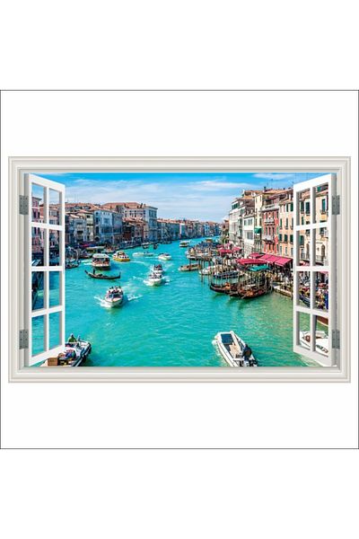 media Fototapet de perete autoadeziv si lavabil Fereastra Venetia, Grand canal, barci, 150 x 100 cm