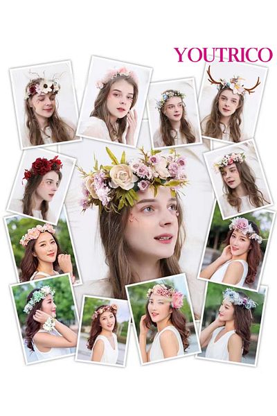 Youtrico Wedding Floral Wreath Bracelet Set Beach Vacation Bridal