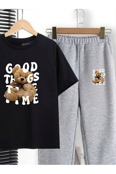 REBRAND Oversize Women's T-Shirt Set - Printed Bottom Top Tracksuit Set
