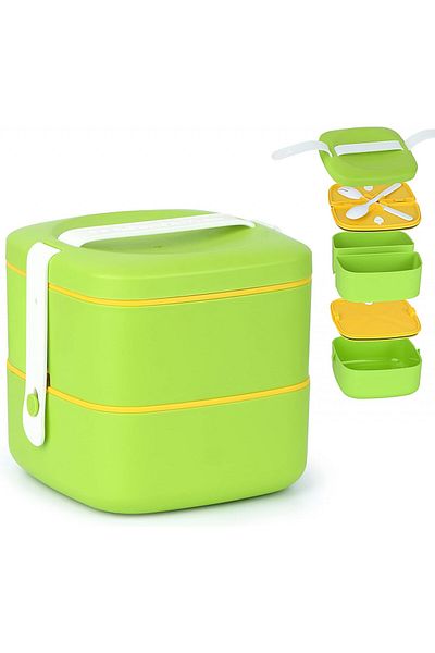 Lung Lunch box with 3 compartments and cutlery, Lung, silicone/PP, green/yellow, 14.5 x 14 x 14.8 cm