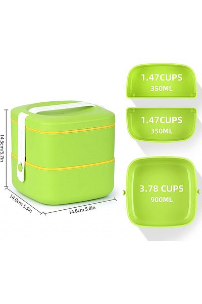 Lung Lunch box with 3 compartments and cutlery, Lung, silicone/PP, green/yellow, 14.5 x 14 x 14.8 cm